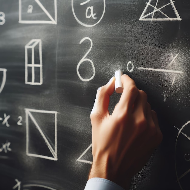 Photo closeup of teacher writing with chalk on the black board writing slate