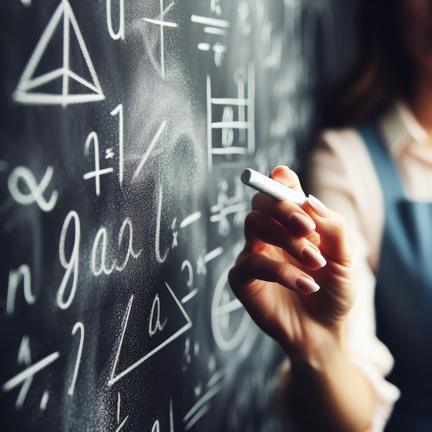 Photo closeup of teacher writing with chalk on the black board writing slate