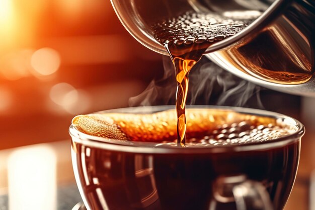 Photo closeup of a teapot pouring tea into a cup