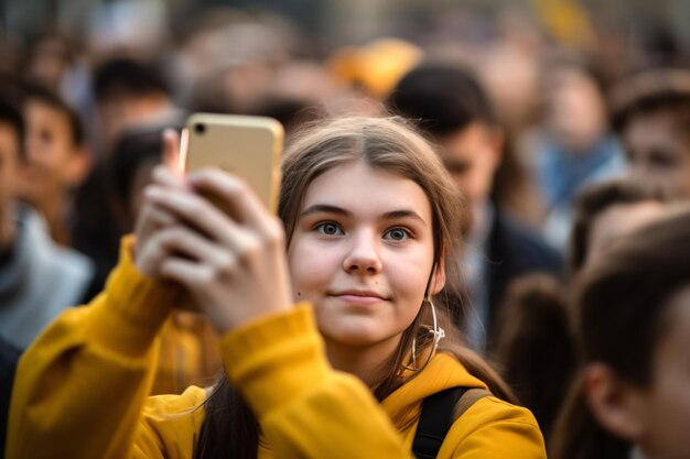 Closeup teenager hands holding smartphone yellow case taking selfie blurred crowd people background Generative Ai