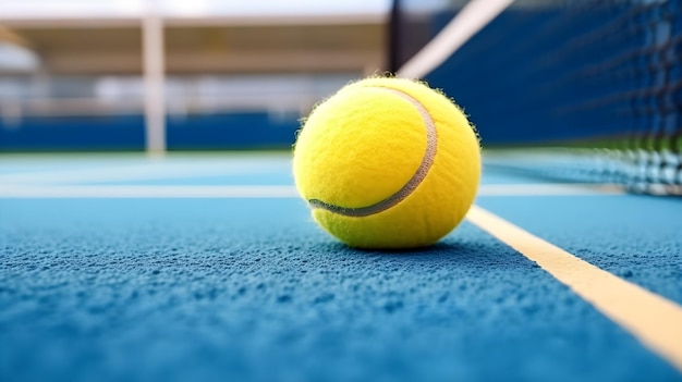 closeup of tennis at blue court