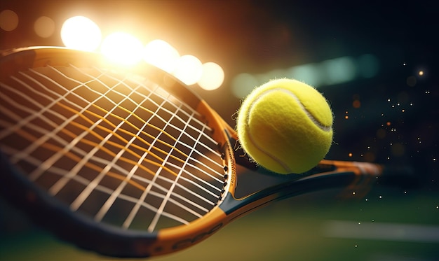 Closeup of tennis racket hitting ball in front of floodlights