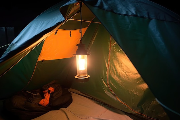 Крупный план палатки с фонарем и фонариком, висящими сбоку, созданный с помощью генеративного ИИ