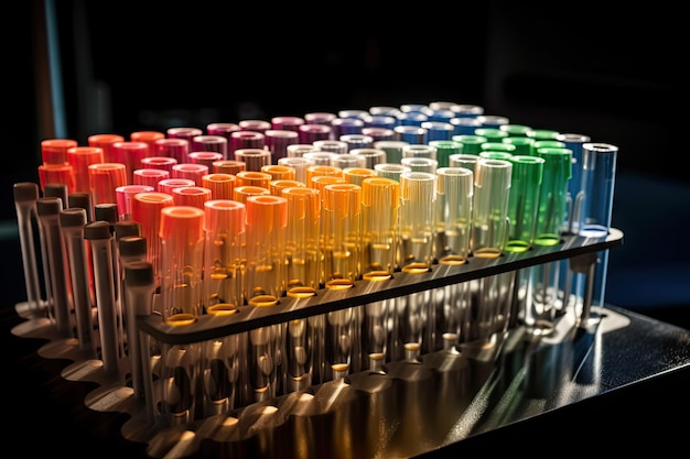 Closeup of test tube rack with tubes filled with colorful solutions created with generative ai