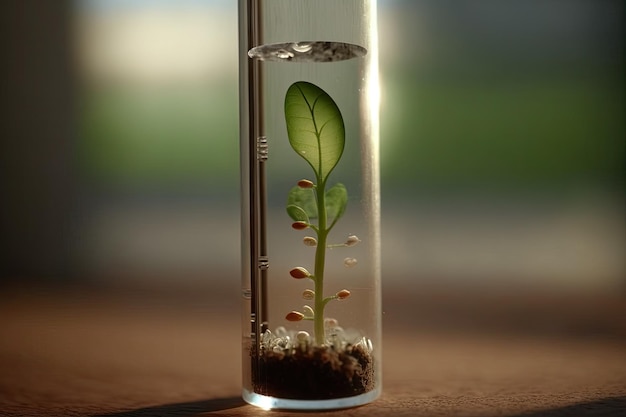 Closeup of test tube with a single seed germinating