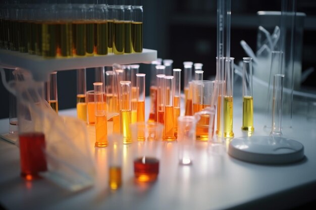 Closeup of test tubes pipettes and flasks in science lab created with generative ai