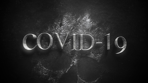 Photo closeup text covid-19 and mystical horror background with dark skull, abstract backdrop. luxury and elegant 3d illustration of horror theme