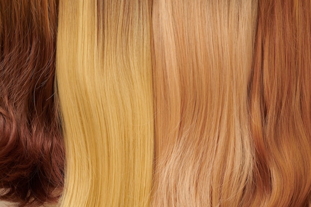 Closeup texture colored hair set Toned different shades of strands background