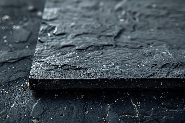 CloseUp of Textured Black Slate Surface with Water Drops