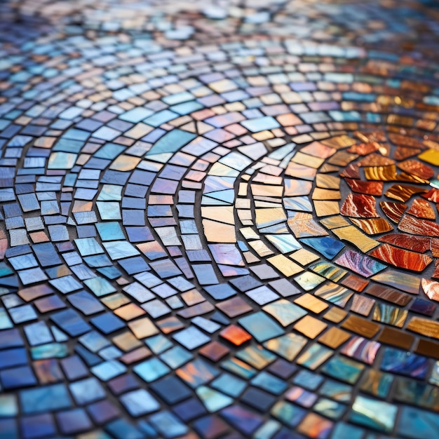 A closeup of a textured mosaic tabletop