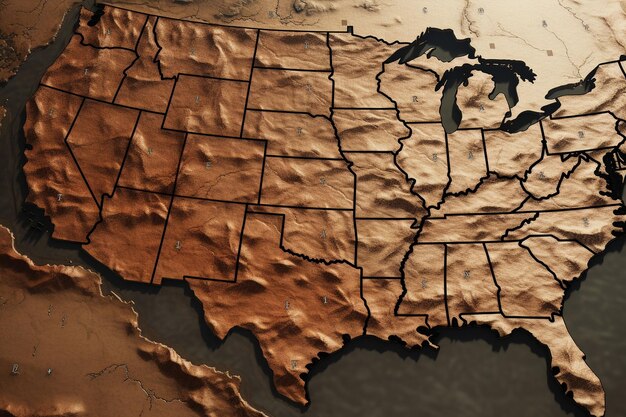 Photo closeup of a textured and weathered state map generative ai