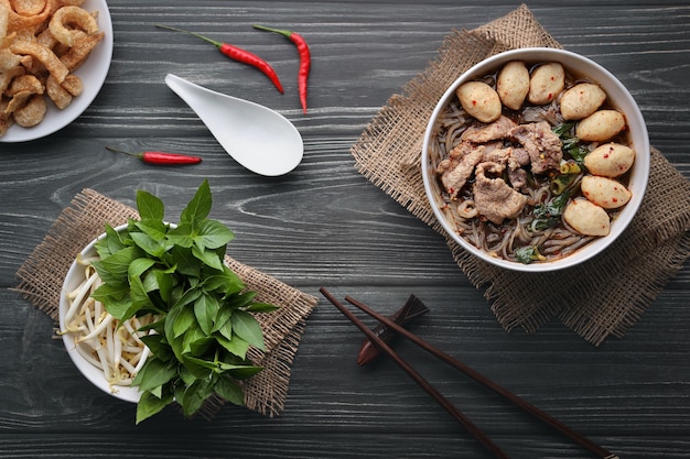 Closeup Thai boat noodle culture style top view