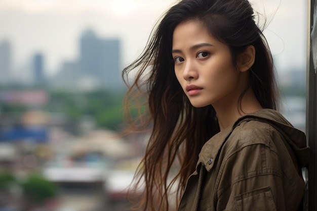 Premium AI Image | closeup of a thai girl with bangkok city background ...