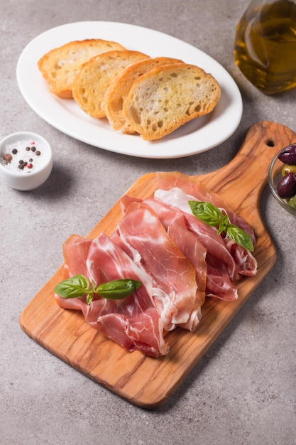 Closeup of thin slices of prosciutto. Italian food