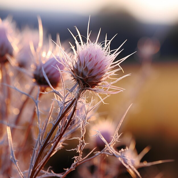 Photo a closeup of a thistle flower at sunset ai generated