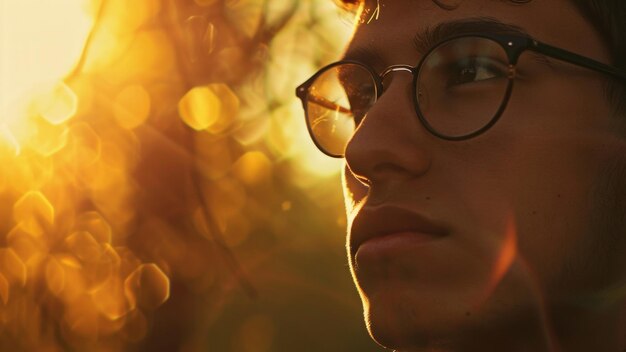 Photo closeup of a thoughtful young man with glasses against a warm sunlit backdrop