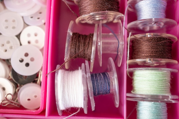 Closeup of threads and other items used for sewing