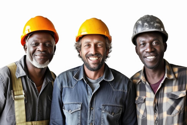 Photo closeup of three builders smiling at the camera on a white background