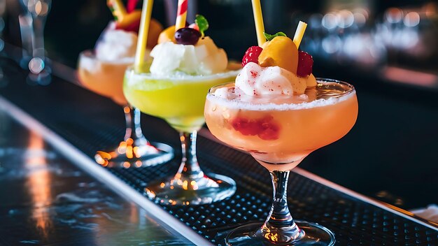 Closeup of three creative healthy but sweet exotic non alcoholic party cocktails at restaurant background glasses on bar refreshing drinks with straws