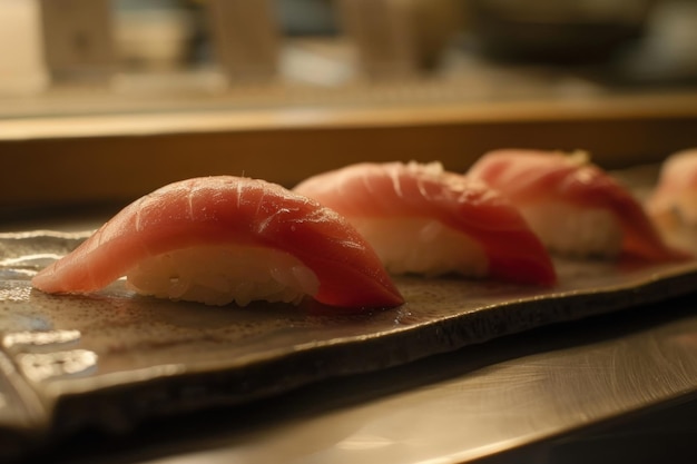 Клоуз-ап трех вкусных кусочков суши, художественно представленных на текстурированной тарелке
