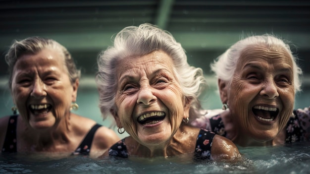 수영장에서 웃는 세 노인 백인과 인도 여성의 근접 촬영
