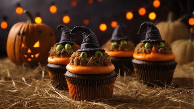 Foto close-up di tre cupcake a tema halloween su zucche di fieno sullo sfondo