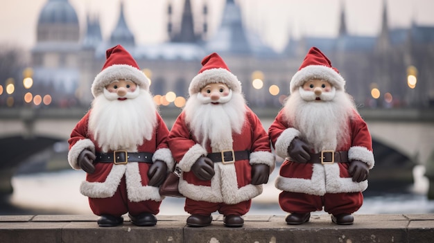 Closeup of three santa dolls against lake and city buildings christmas concept