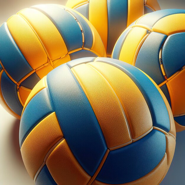 Foto close-up di tre attrezzature sportive di pallavolo giallo-blu con luce luminosa