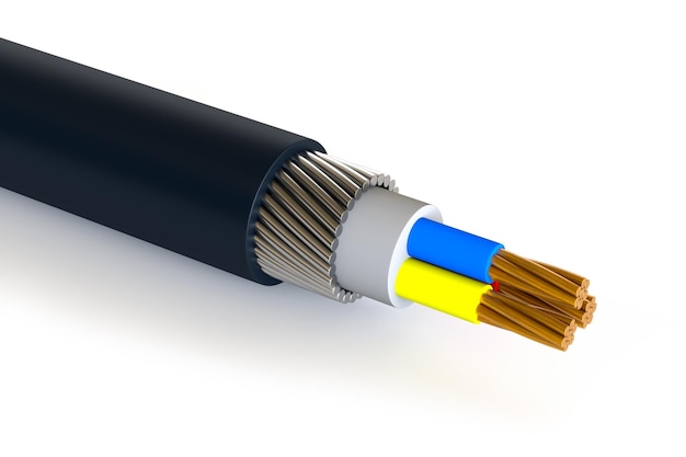 Closeup of a ThreePhase Electric Cable on a White Background 3d Rendering