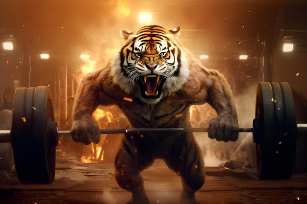 Photo closeup of a tiger with a barbell in the gym ai generated