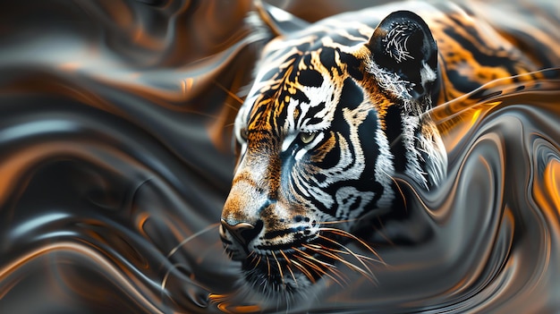 A closeup of a tigers face The tiger is looking to the left of the frame The background is dark with a hint of orange