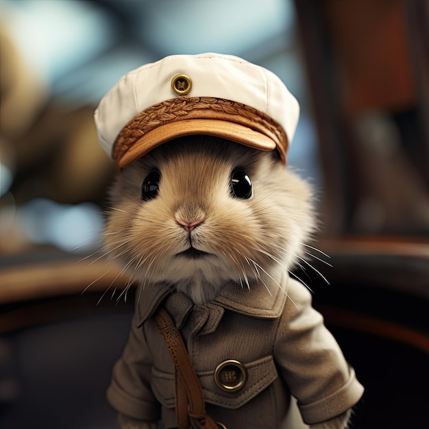 A closeup of a tiny bunny in a pilot's cap