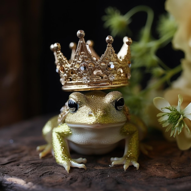 A closeup of a tiny frog in a prince's crown