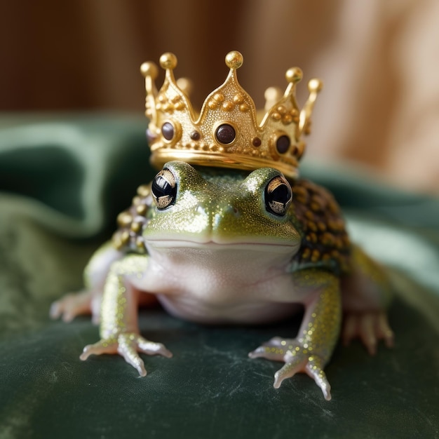 A closeup of a tiny frog in a prince's crown