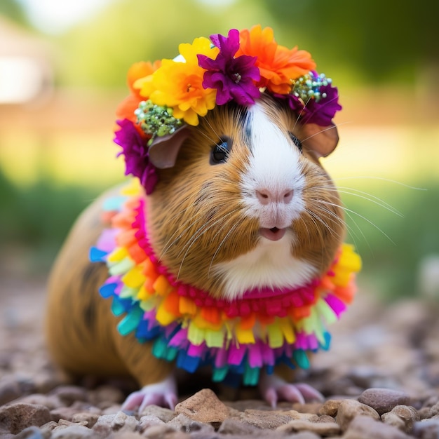 A closeup of a tiny guinea pig with a colorful headband