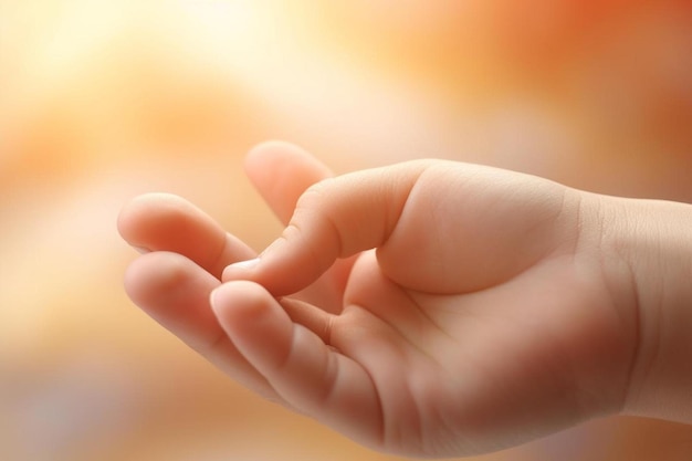 Foto closeup una piccola mano di un bambino che tiene delicatamente il dito con la luce solare naturale