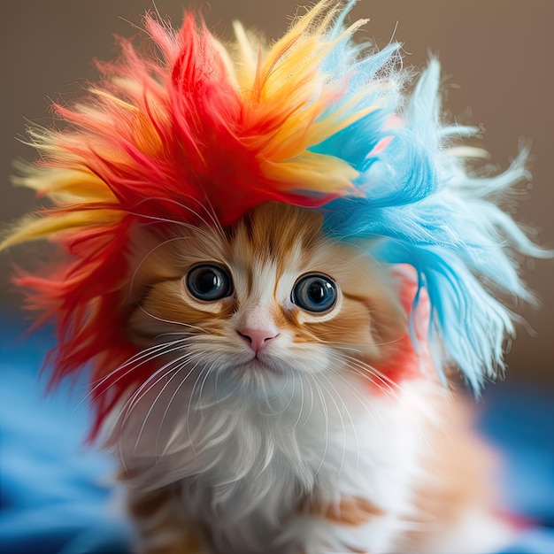 A closeup of a tiny kitten in a clown wig