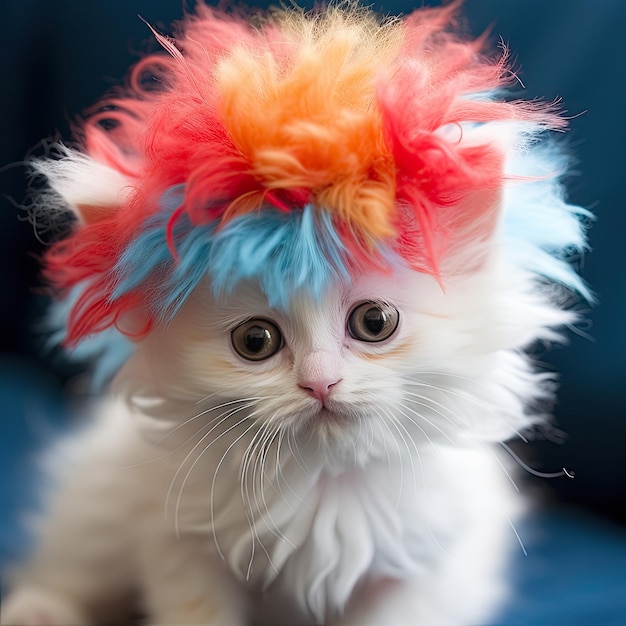 A closeup of a tiny kitten in a clown wig