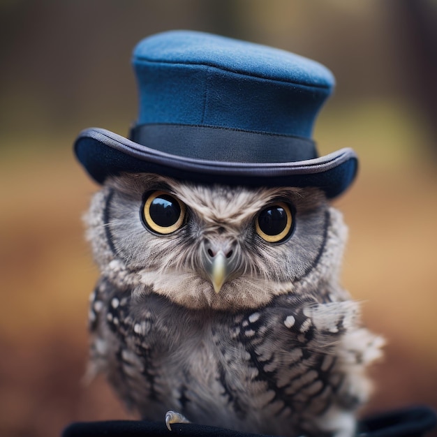 A closeup of a tiny owl in a bowler hat