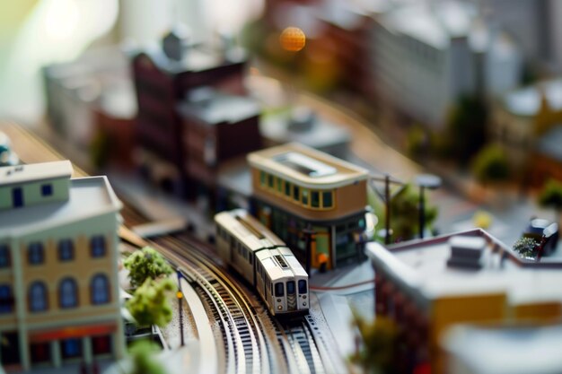 Closeup of a tiny train moving through a small cityscape