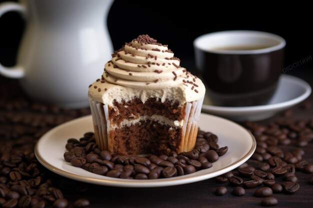 Photo closeup of a tiramisu cupcake with a coffee bean garnish