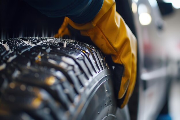 <unk> 과 노란 장갑 을 착용 한 손 으로 수리 되고 있는 타이어 의 클로즈업