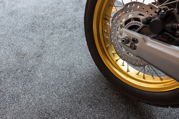 Closeup tire and dish bake of sport motorcycle ( big bike ) 