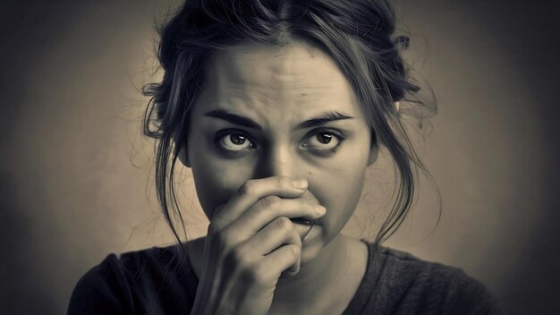 Closeup of tired young woman rubbing nose