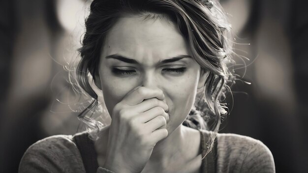 Closeup of tired young woman rubbing nose