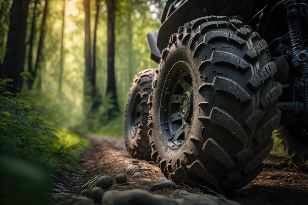 Closeup of the tires on atv with a forest trail visible in the background created with generative ai