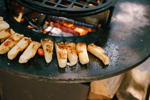 Closeup of toasted focaccia on the grill