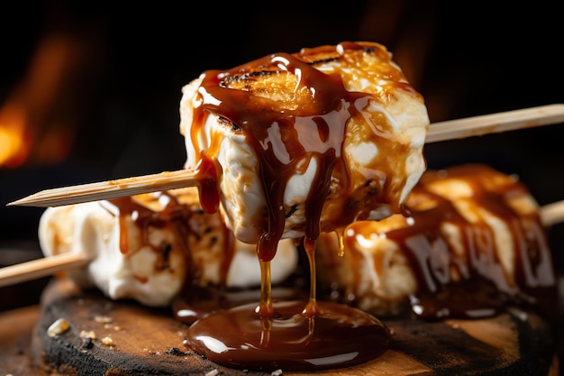 Photo closeup of a toasted marshmallow skewered on a roasting stick a sumptuous campfire delight