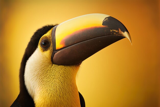 A closeup of a toco toucan's head against a shimmering gold backdrop