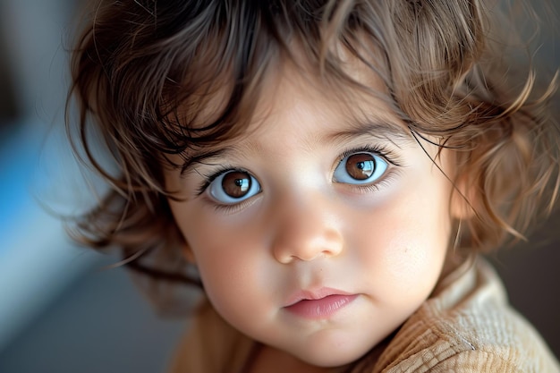 Closeup of a toddler with big blue eyes and curly hair expressing innocence and curiosity